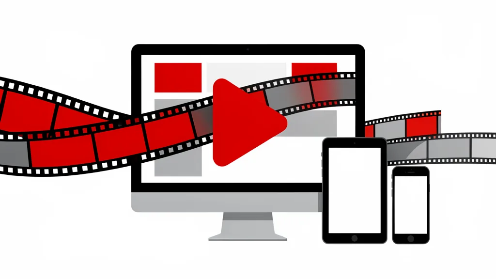 Illustration of a film strip flowing through a banner ad frame across desktop, tablet and phone